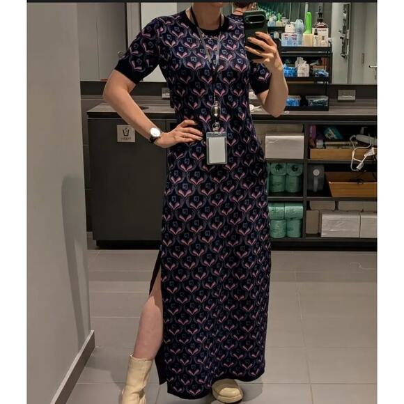 Paco Rabanne Blue Logo Knit Midi Dress MEDIUM Bodycon Career Wool Designer $940 - Picture 5 of 13